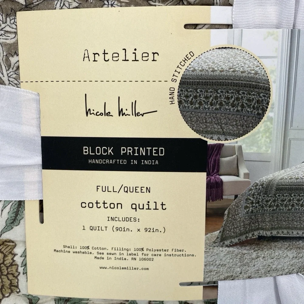 Nicole Miller Artelier Quilt FULL/QUEEN Floral Traditional Block Cotton Boho